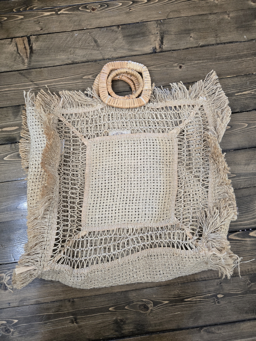 Womens Natural Woven Jute Burlap Bag with Round Bamboo Handles - Beige Bohemian